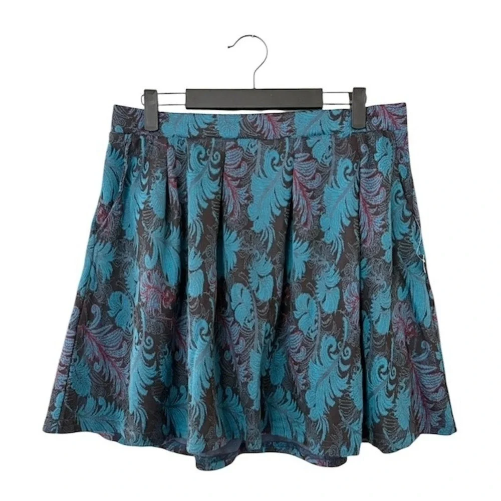 ModCloth Teal Feather‎ Jacquard Pleated A-Line Skirt with Pockets LARGE